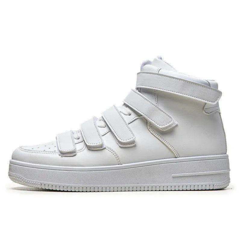 Spring men's high-top board shoes in white with Velcro strap and platform sole side view