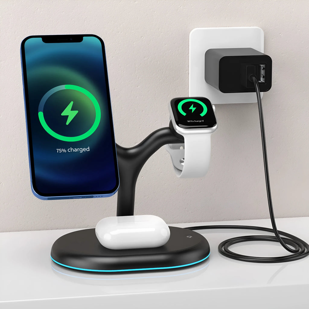 Black three-in-one magnetic wireless charger for phone, smartwatch, and earbuds.
