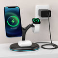 Black three-in-one magnetic wireless charger for phone, smartwatch, and earbuds.