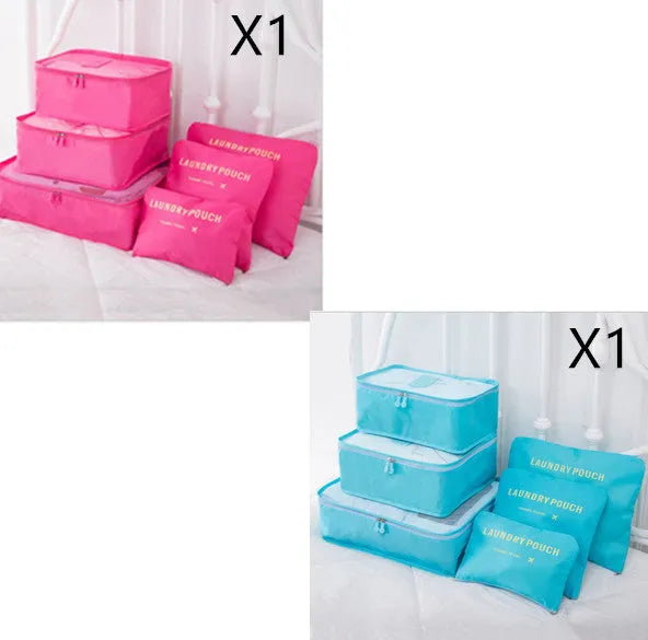 6 PCS travel storage bag set in polyester with handbag shape, multiple colour options for clothes and cosmetic organisation