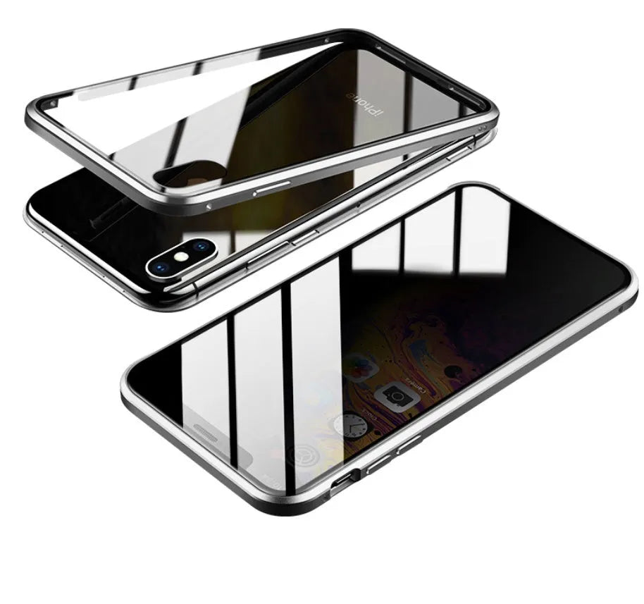 Glass clamshell anti-spy phone case with geometric design in multiple colours for iPhone models.