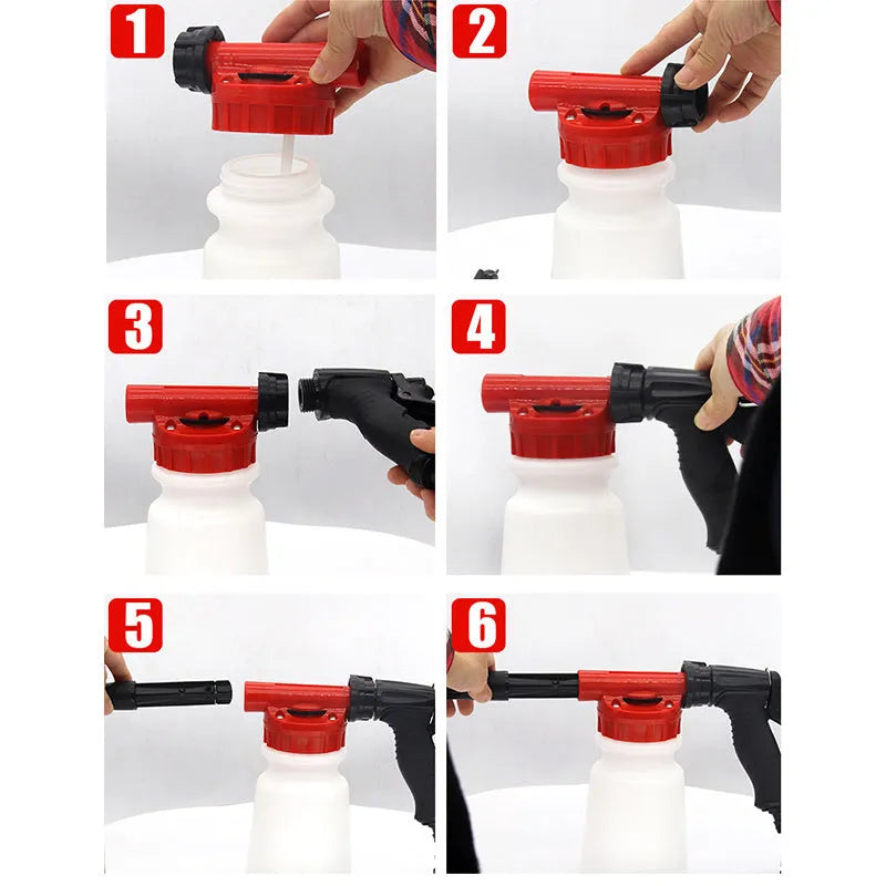 Foam pot high pressure water gun sprayer for garden use with adjustable pressure control.