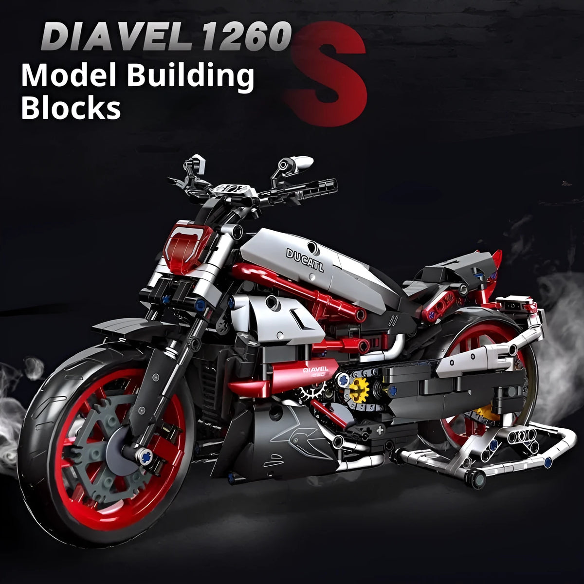 Motorcycle model ornament made from children's sectional building blocks in colour 1021, size 32x10x8.5cm