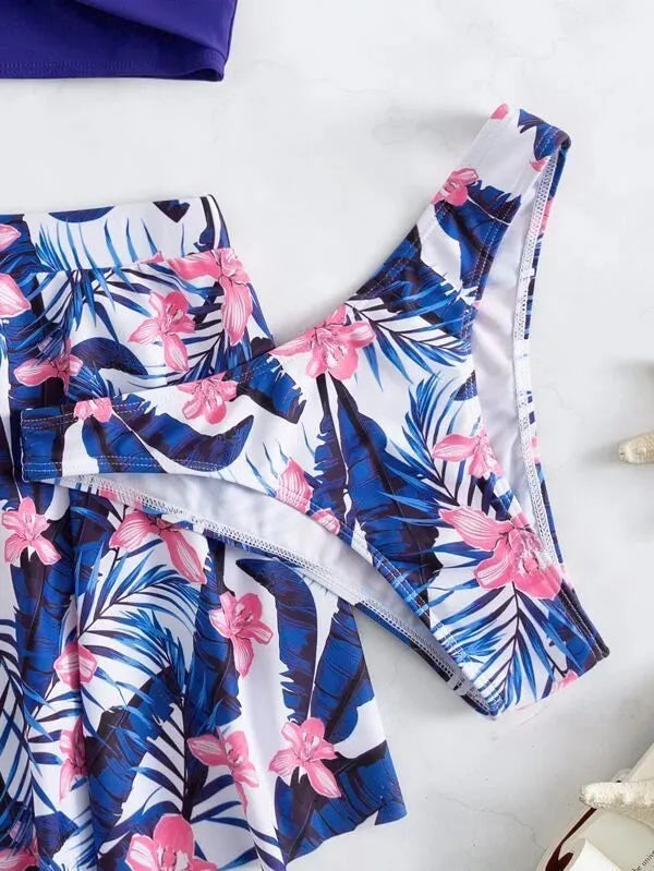 Women's three-piece bikini swimsuit with high-waist briefs covering belly area in polyester fabric