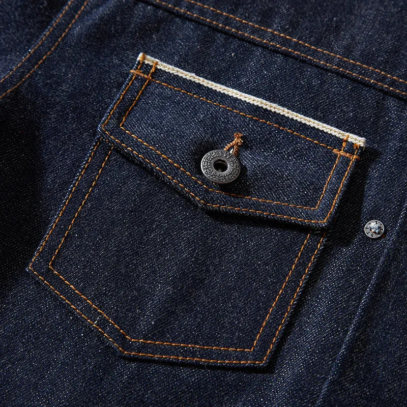 Men's raw pulp coloured loose cotton jacket with red edge trim and patch pockets.
