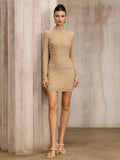 Khaki tassel rhinestone mesh pearl sheath dress for women long sleeves short skirt