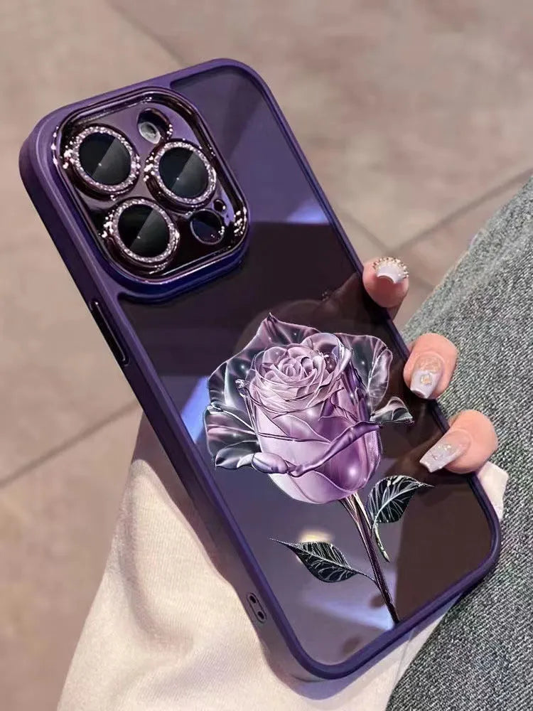 Rose design phone case with sparkling lens film for iPhone models in pink and purple colours