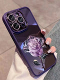 Rose design phone case with sparkling lens film for iPhone models in pink and purple colours