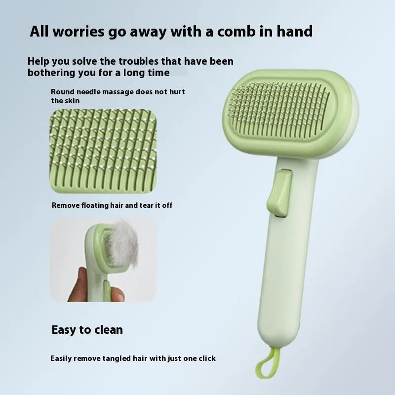 Large pet hair removal comb with stainless steel blade in light grey, green, or pink for detangling cat and dog fur