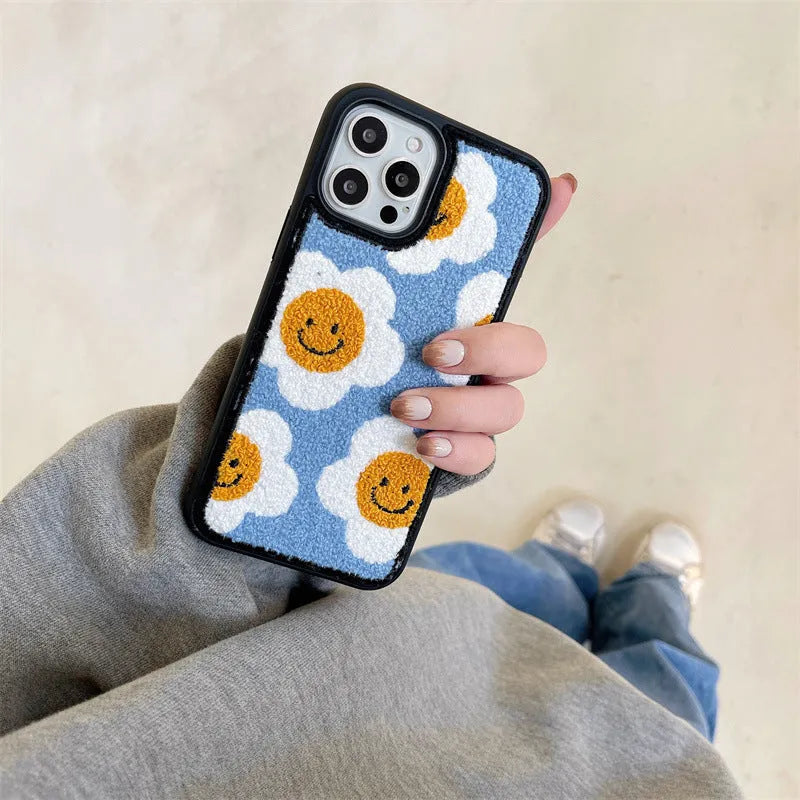 Blue towel embroidered sunflower smiley plush phone case for Apple iPhone with hard shell back cover