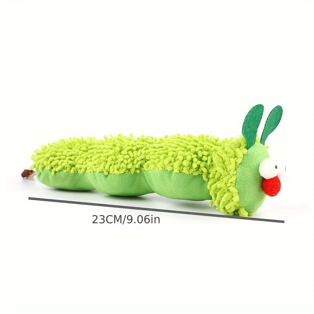 Green interactive plush cat toy pillow measuring 24cm long for battery-free play
