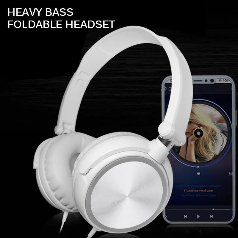 Black foldable wired over-ear headphones with an adjustable headband and a 3.5mm plug.