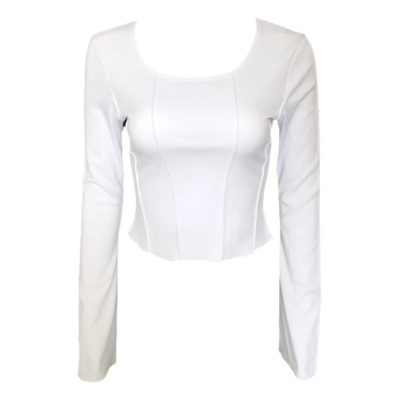 White square-neck fitted long-sleeve knit top with flared sleeves and 3D pattern on a model