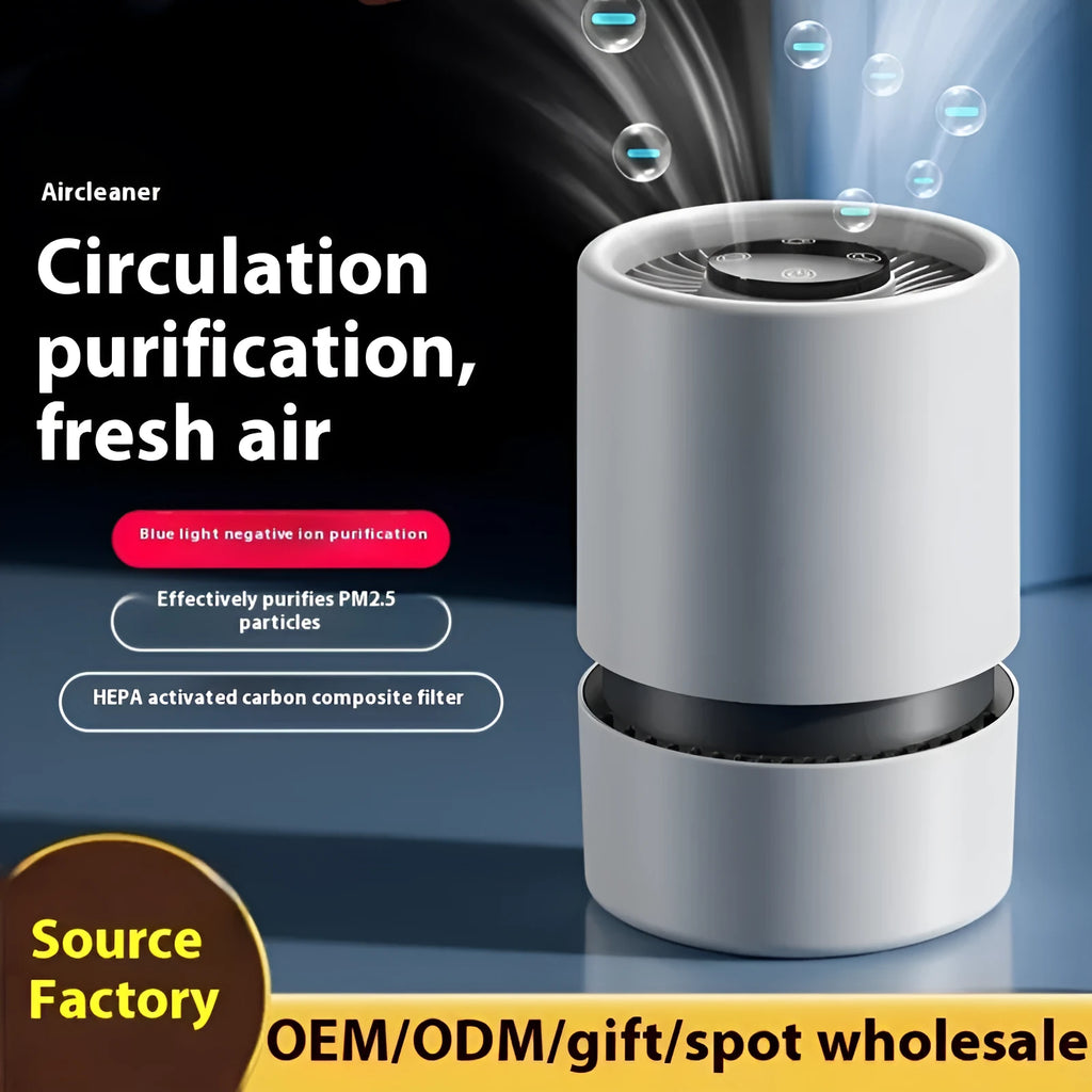 White desktop air purifier for small rooms with USB power connection