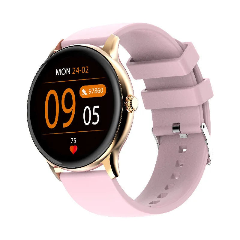 Black smartwatch with circular 1.28-inch screen and silicone strap for blood pressure and activity tracking.