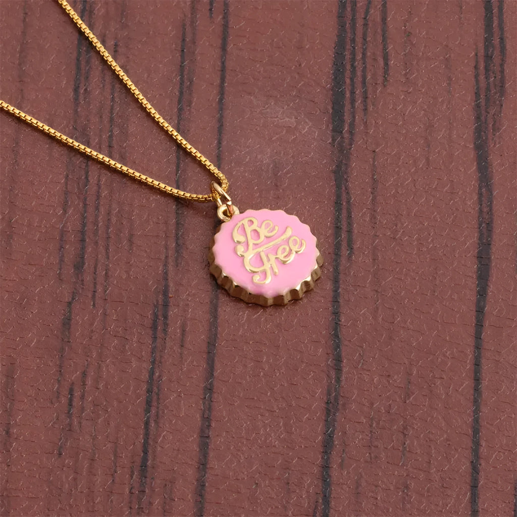 Gold-plated bottle cap pendant on a 40 cm copper box chain necklace, shown in various colours.