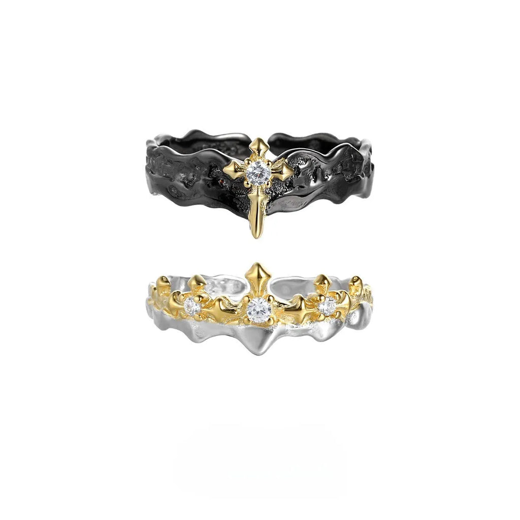 Princess Knight couple ring with adjustable opening in silver with white gold or black gold electroplated finish.