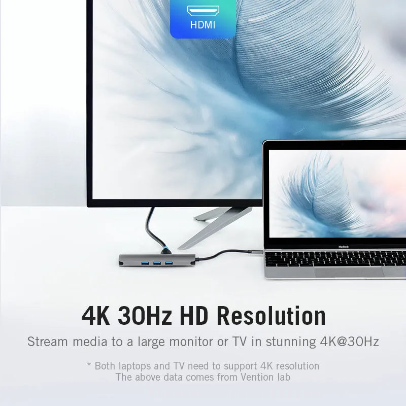 Deep grey aluminium alloy USB-C to HDMI, USB 3.0, Ethernet, and card reader hub converter with 0.15m cable.