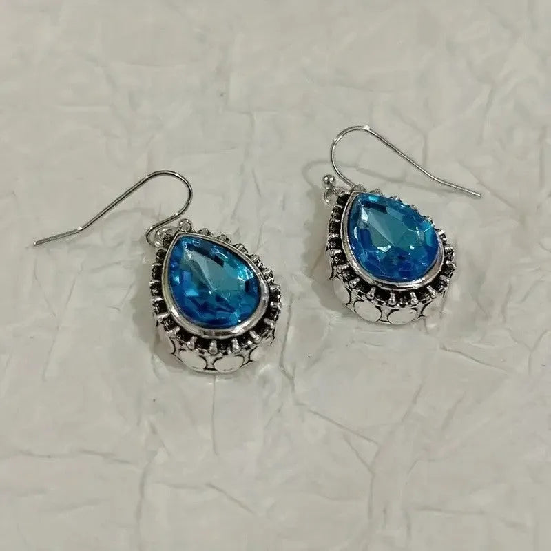 Silver alloy drop earrings with blue gem inlay, retro style, unisex design