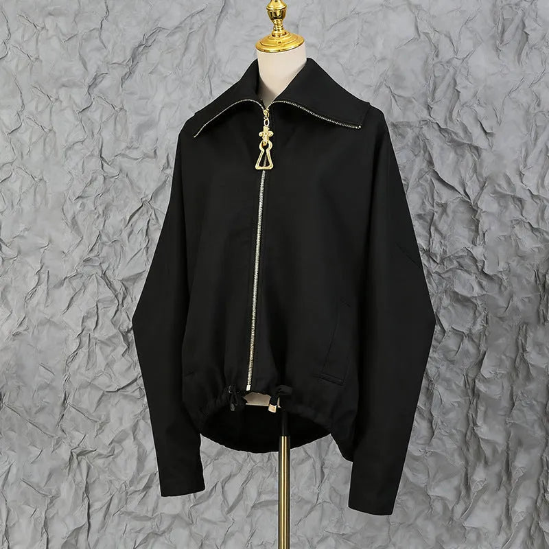 Women's loose drawstring jacket with heavy embroidery and patchwork, cotton-polyester, black or brown, sizes S M L