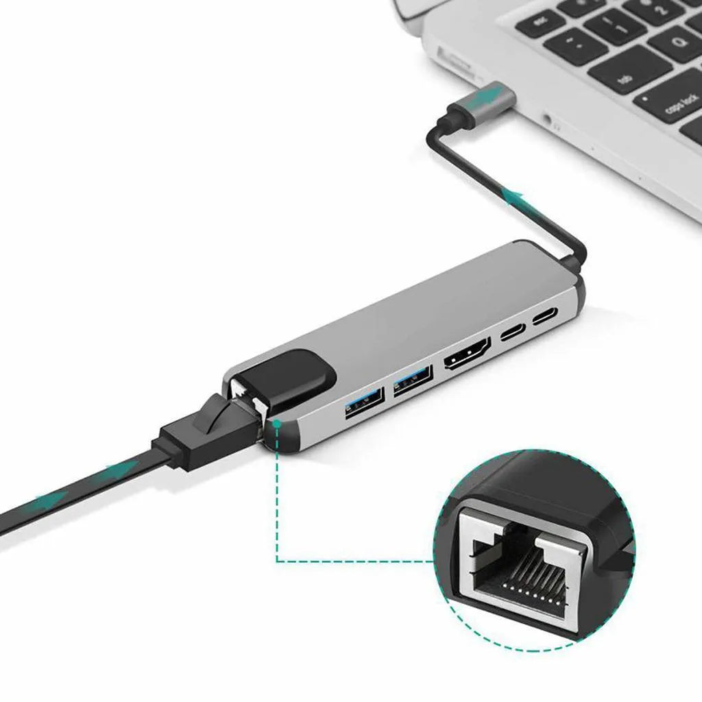 6-in-1 USB C hub, metal grey, with HDMI 4K 30Hz, two USB 3.0, two USB-C PD, and RJ45 Ethernet ports