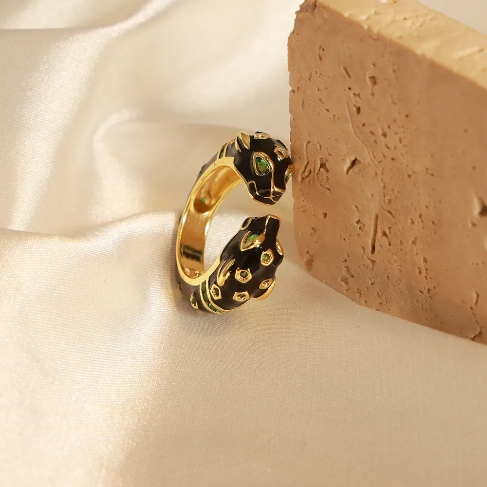 Black geometric copper ring with cheetah animal oil dripping pattern - size 7 women's fashion jewellery