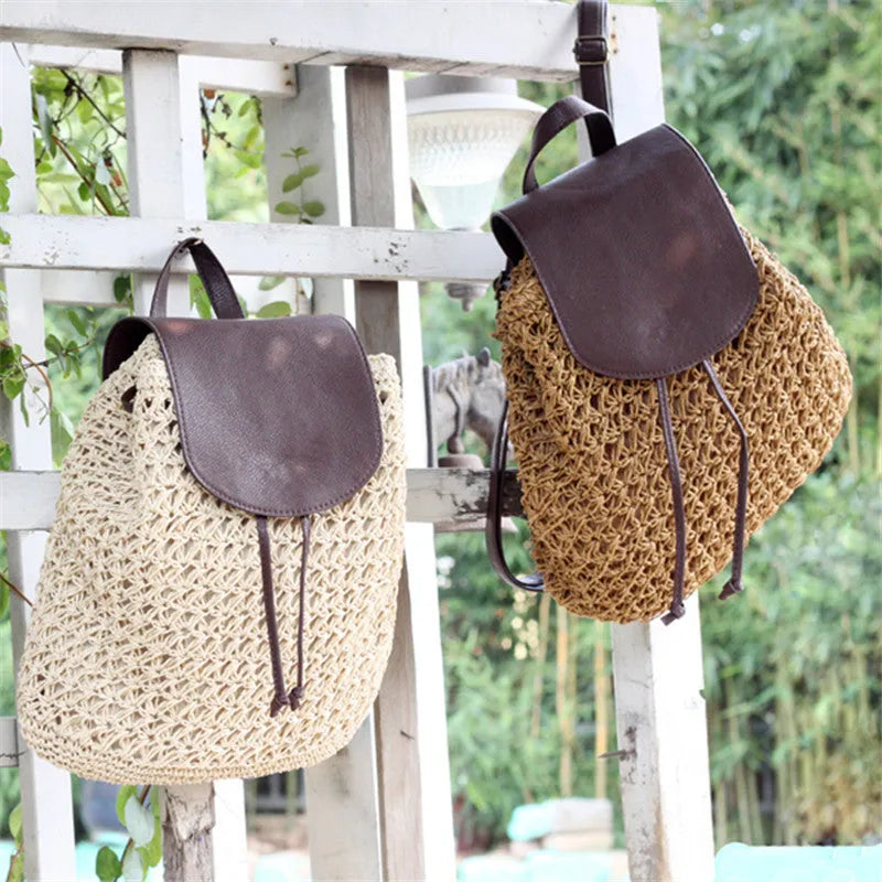 Khaki fashion straw bag cylindrical women's backpack with woven paper rope exterior and double straps