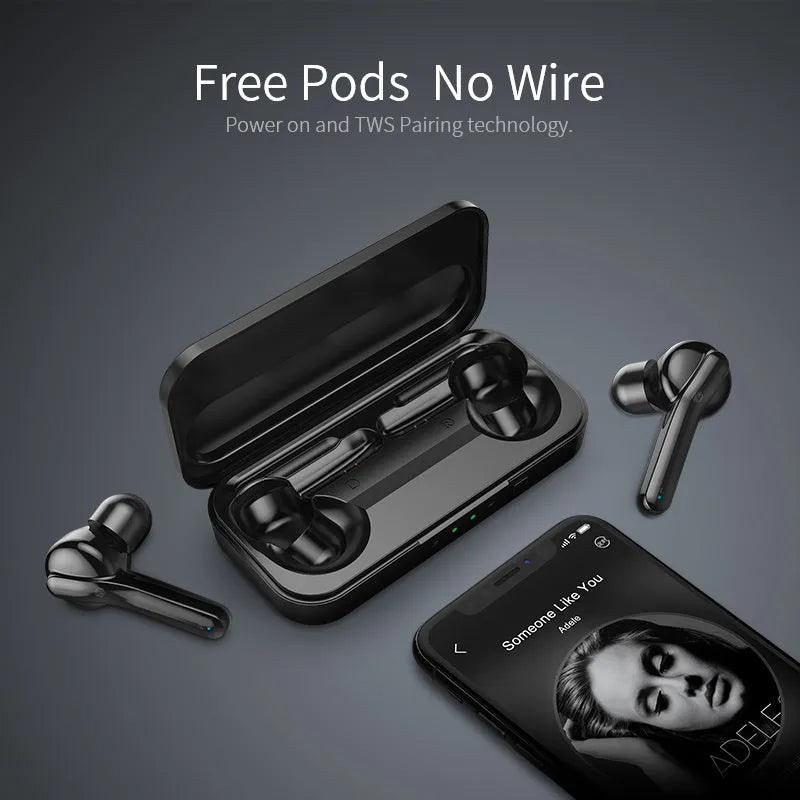 Black and white TWS wireless earbuds with Bluetooth 5.0 and IPX5 waterproof rating.