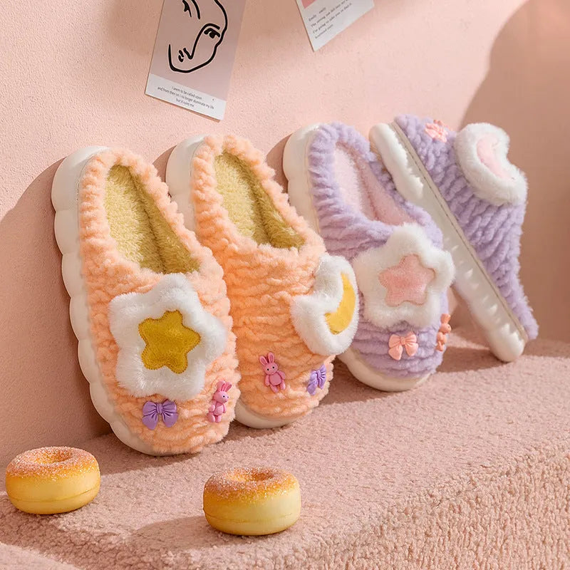 Women's light blue fleece-lined cotton slippers with cartoon animal pattern and plush upper
