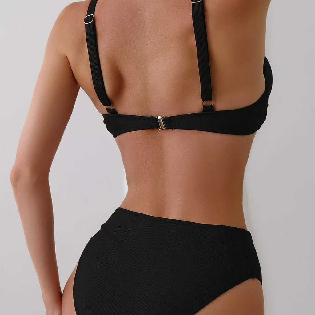 Women's rib fabric two-piece bikini swimsuit shown in available colours with Asian sizing