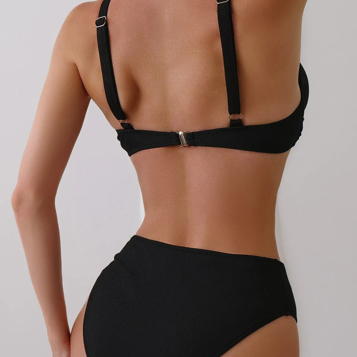 Women's rib fabric two-piece bikini swimsuit shown in available colours with Asian sizing