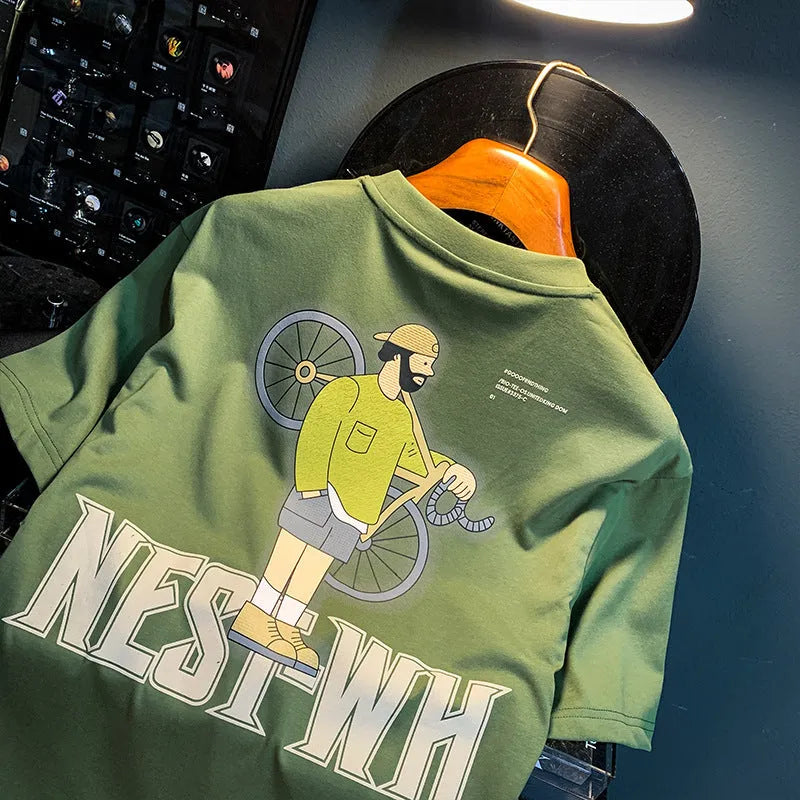 Green loose fit men's T-shirt with a trendy literary print on the front.