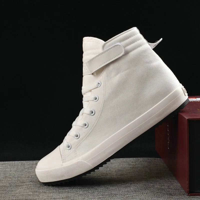 Velcro student canvas shoes high top round toe flat heel in black and white