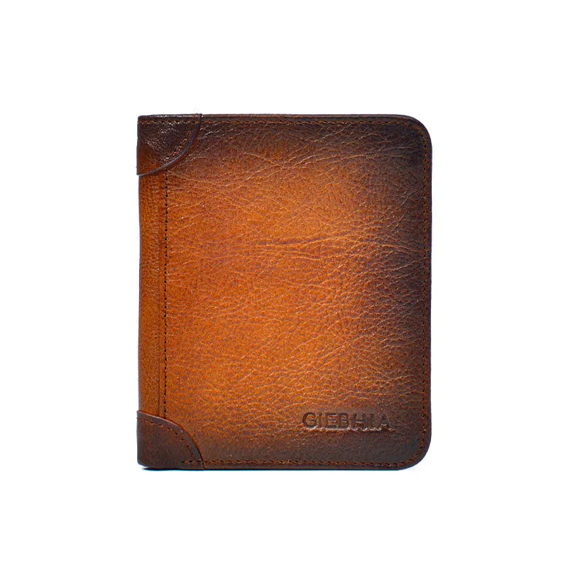 Men's leather anti-theft swiping ultra-thin multi-card-slot short wallet in brown trifold design with visible sewing thread