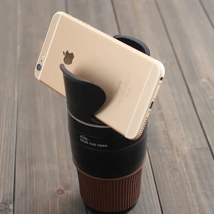 Car cup holder organiser with adjustable phone navigation bracket in multiple colours
