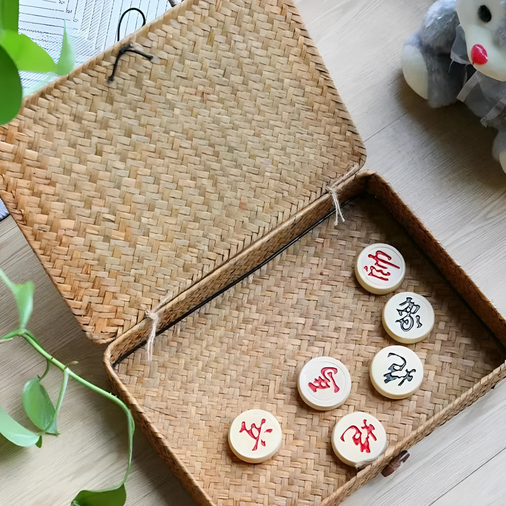 Handmade straw woven storage box in brown colour, 32x28x7 cm, for bedroom desktop organisation