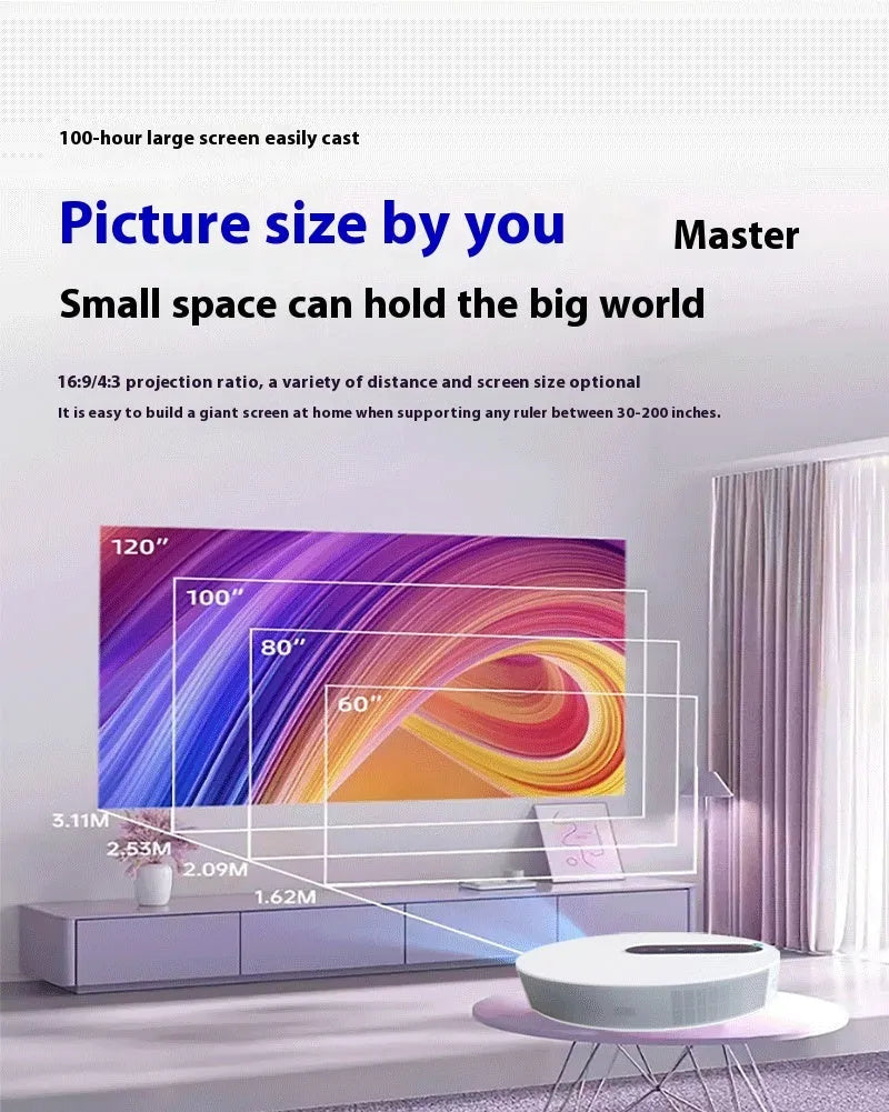 White HD projector with remote control on stand showing 720p resolution display