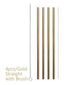 Set of stainless steel reusable straws showing straight and bent styles in gold, silver and rose gold colours with cleaning brush