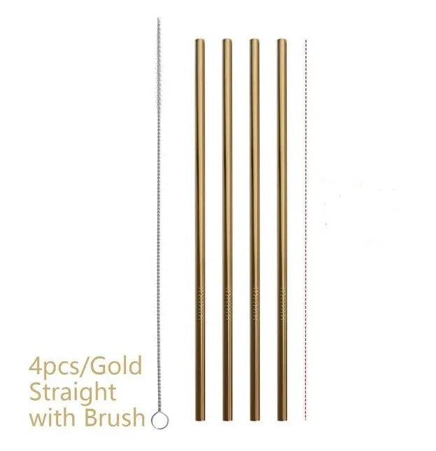 Set of stainless steel reusable straws showing straight and bent styles in gold, silver and rose gold colours with cleaning brush