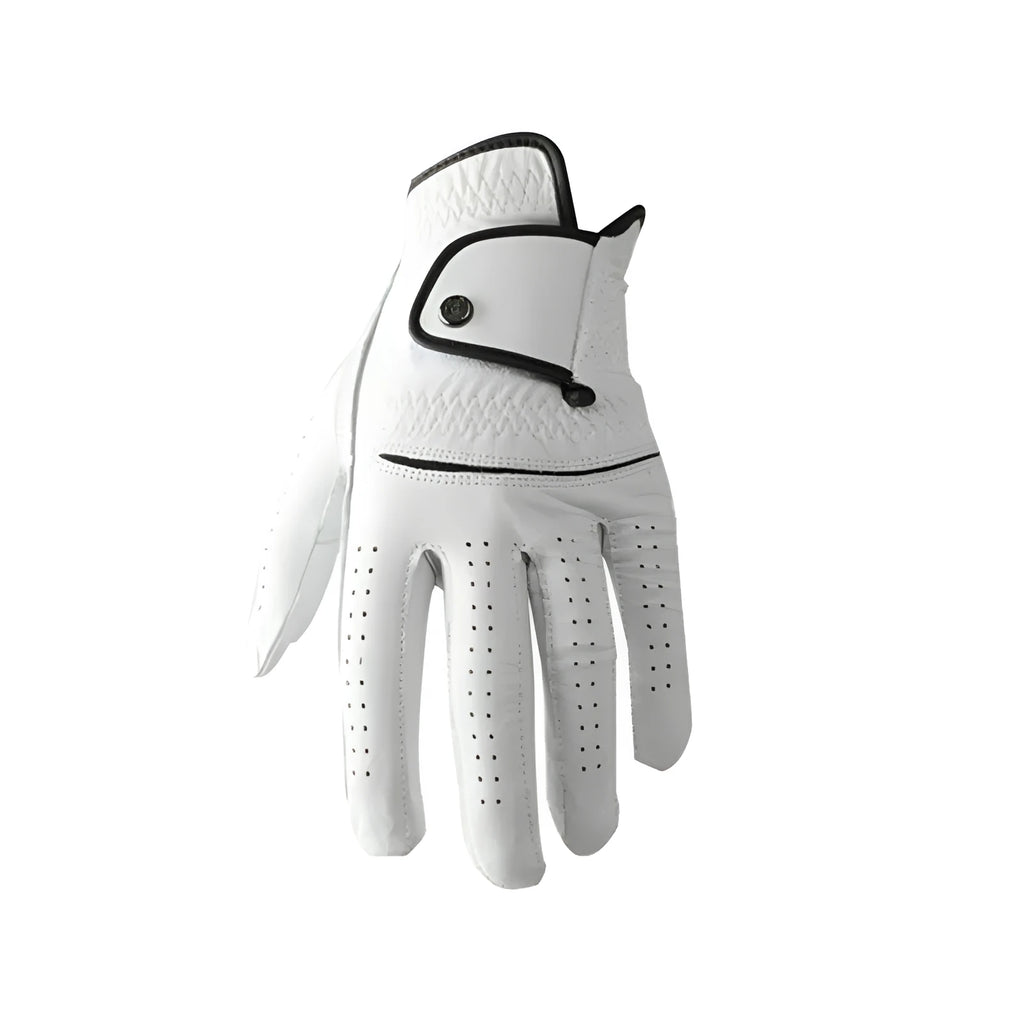 A single white men's golf glove with a half sheepskin palm, shown flat.