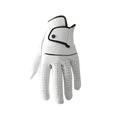 A single white men's golf glove with a half sheepskin palm, shown flat.
