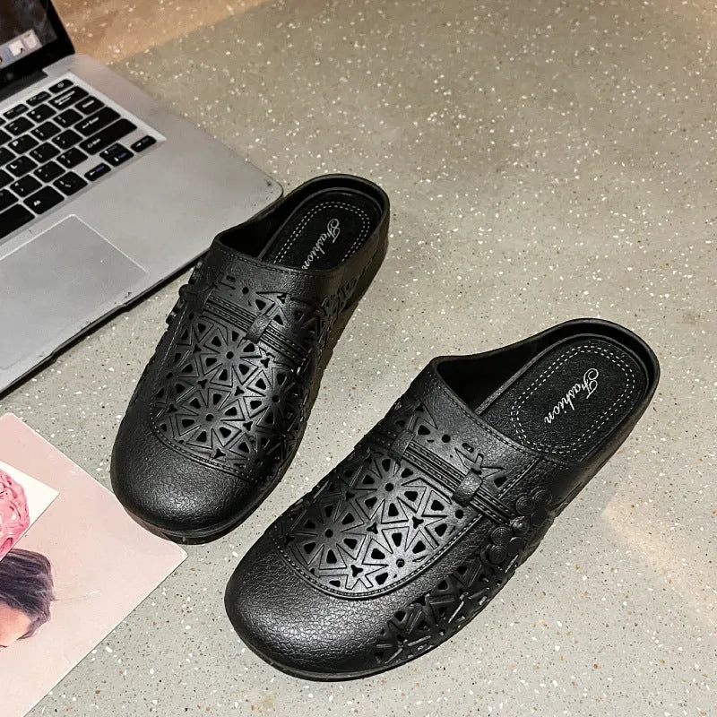 Flat toe box fairy style half slippers in apricot, black, and brown colours with hollow-out design.