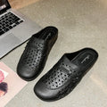Flat toe box fairy style half slippers in apricot, black, and brown colours with hollow-out design.