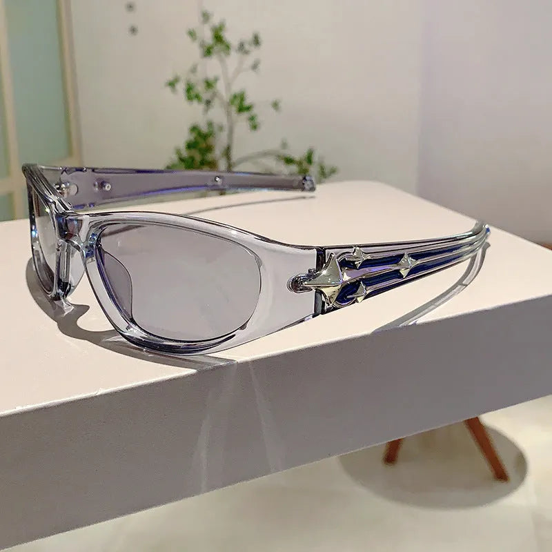 Polycarbonate sunglasses with special-shaped mirror lenses in multiple colour frame options.