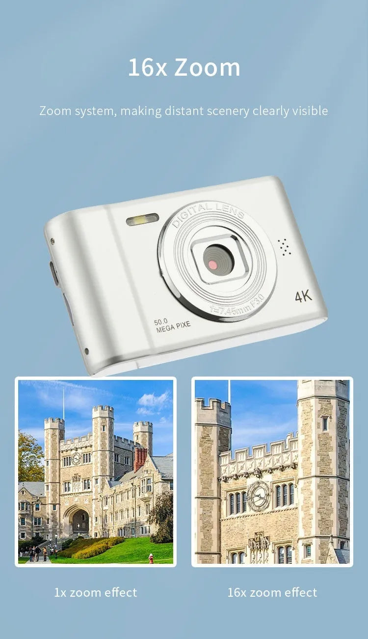 Retro digital selfie camera with 48 million pixels and 4K, ABS body, available in black, silver, ivory white, or pink.