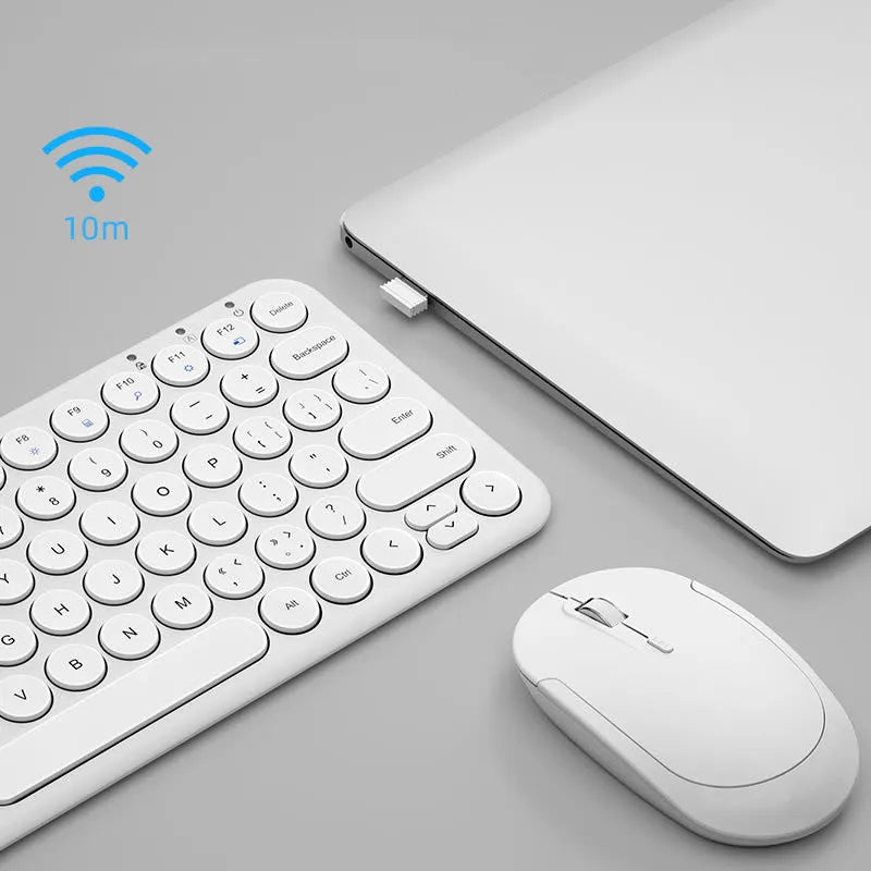 Ultra-thin wireless keyboard and 1000DPI mouse set in white, black, or pink colours.