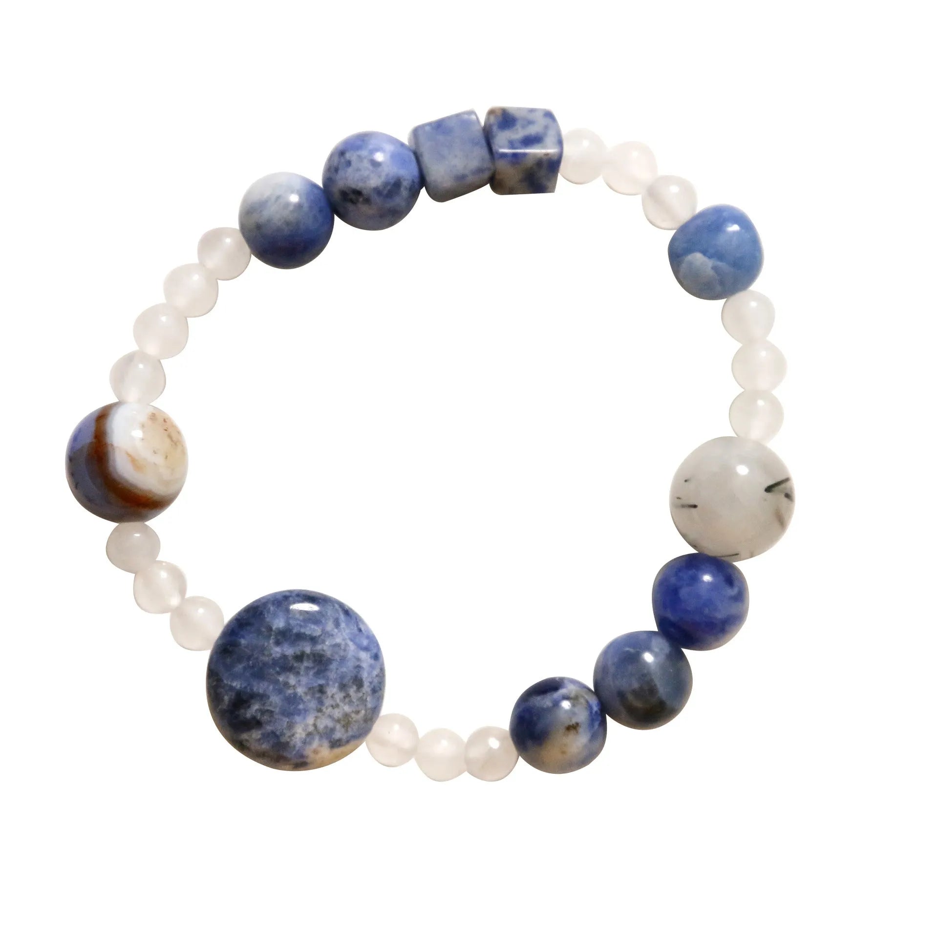 Hand-woven natural blue point and black hair crystal agate bracelet with geometric stone elements
