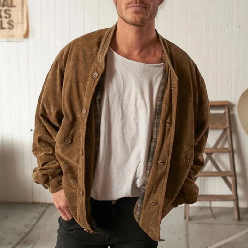 Men's corduroy jacket dark brown solid colour casual coat with polyester lining front view