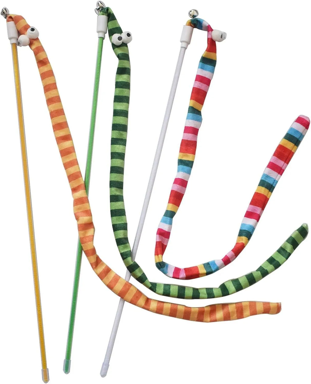 Cat wand toy with polycarbonate handle and long plush strip in vibrant colours, shown with bell attachment.