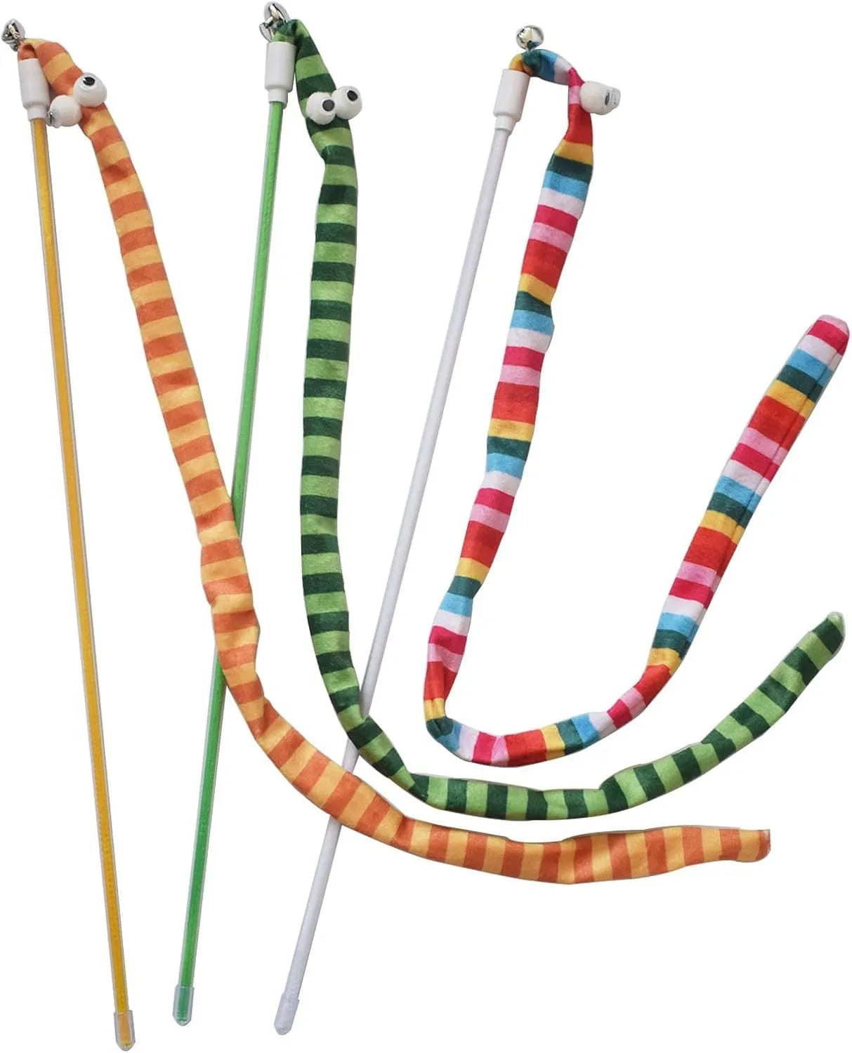 Cat wand toy with polycarbonate handle and long plush strip in vibrant colours, shown with bell attachment.